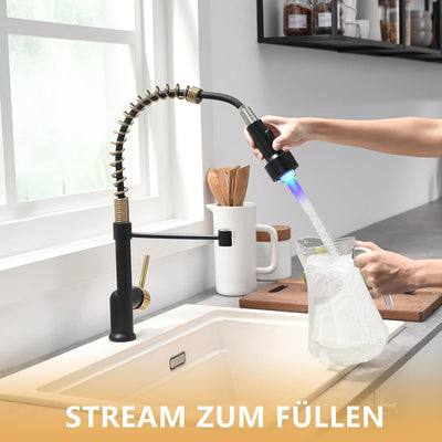 AIMADI LED Wasserhahn Küche Küchenarmatur 360° Schwenkbar mit Spiralfeder Herunterziehen Brause Arma