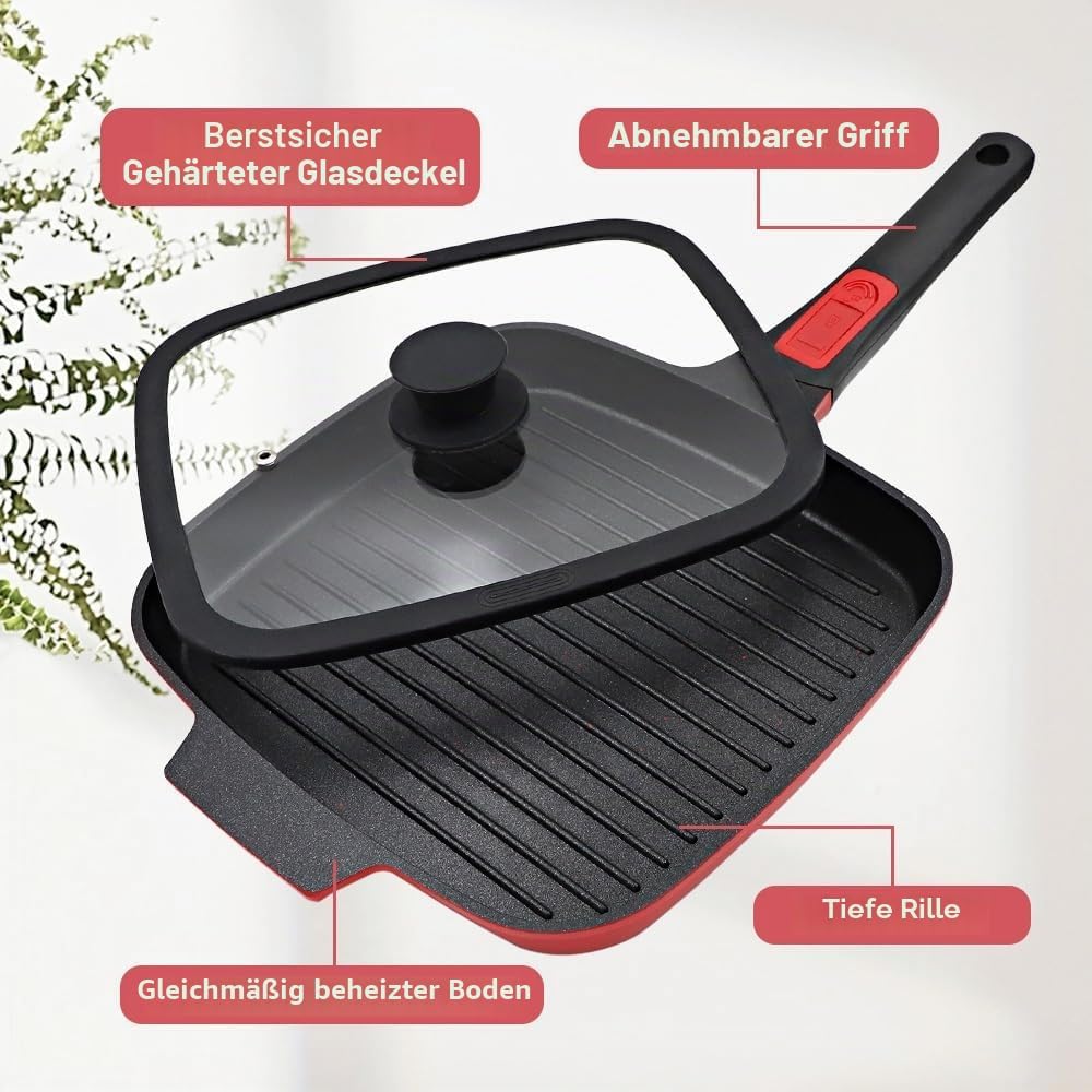 Grillpfanne Induktion mit Deckel 26 x 24 cm, Steakpfanne Eckig mit Abnehmbarer Griff, Grill Pfanne A