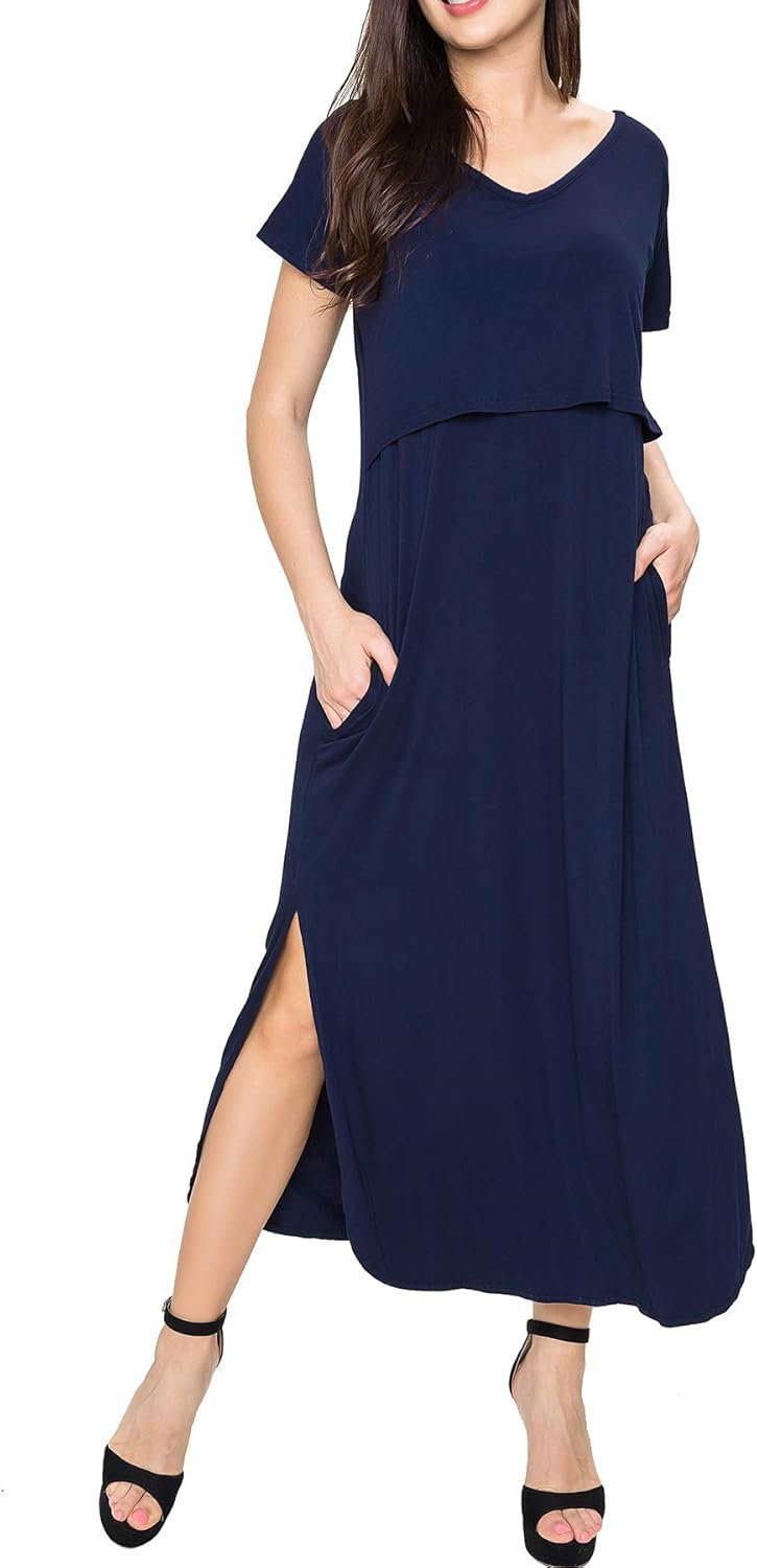 Smallshow Damen Lang Split Stillkleid Kurzarm Umstandskleid Sommer L Marine, L Marine