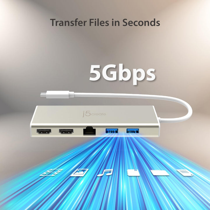 j5create USB-C Dual HDMI Hub - Typ C Dockingstation mit 2X HDMI, 2X USB 3.0, Ethernet, PD 60W Durchg