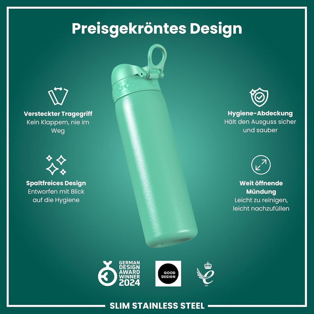 Ion8 Stahl-Trinkflasche, 600 ml, Auslaufsicher, Einhandöffnung, Sichere Verriegelung, Spülmaschinenf