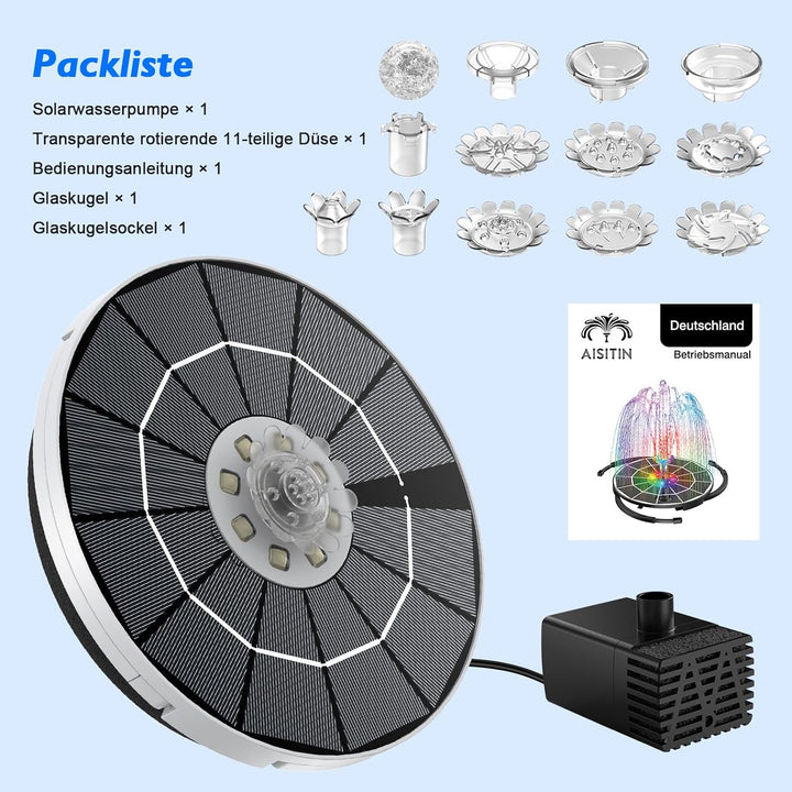 AISITIN 3,5W LED Solar Springbrunnen nur Nachts, mit 3000mAh Akku,Solar Schwimmender Fontäne Pumpe m