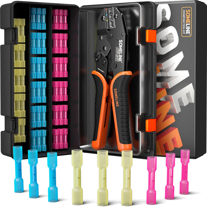 Crimpzange Stossverbinder Set,Stossverbinder zange 0,34-6 mm²,100 stück Stossverbinder mit Schrumpfs