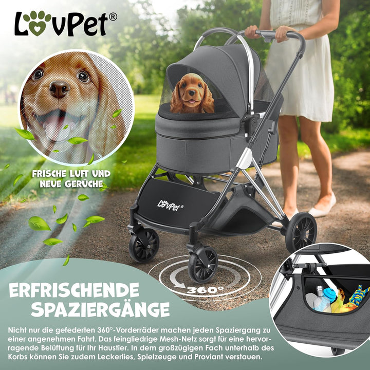 LOVPET® Hundewagen 3in1 Hundebuggy Hundebox Transporttasche 360° Grosse Räder Faltbar klappbar Haust