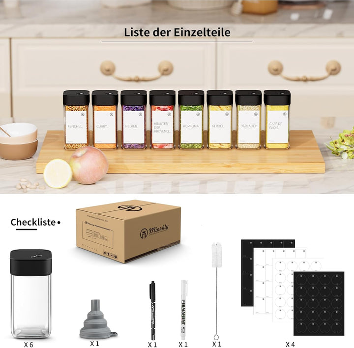 Miorkly Gewürzgläser Eckig - 6er Set mit Schwarz Edelstahl Drehdeckel, 120ML Gewürzstreuer Set mit S