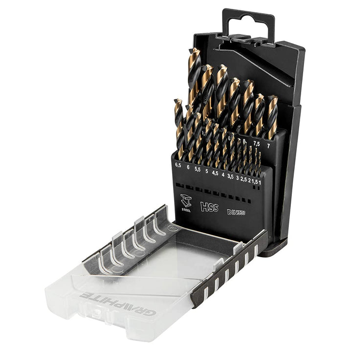 GRAPHITE Profi Metallbohrer Set HSS-CNC 19-tlg, 124°, Pro-Tec", 1.0-10 mm, HSS Spiralbohrer Set, HSS
