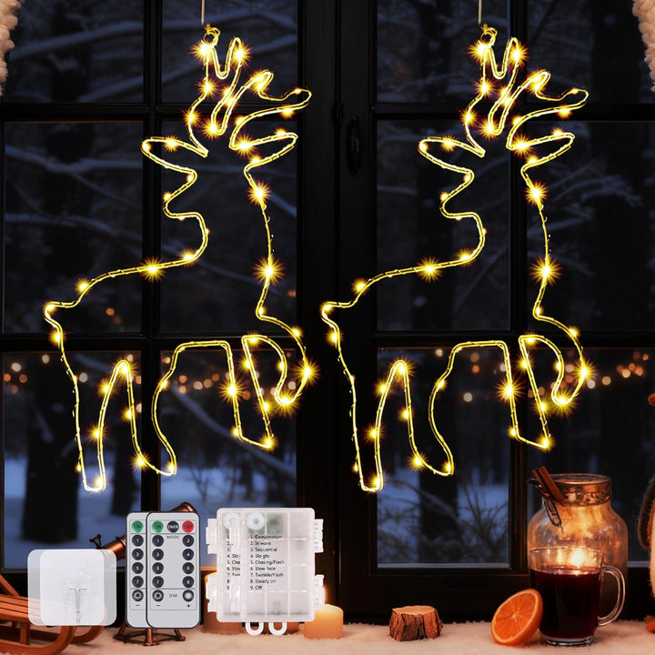 120 LED (2 Stück) Weihnachtsbeleuchtung Fenster, 8 Modi Batteriebetriebene Rentier Fensterbeleuchtun