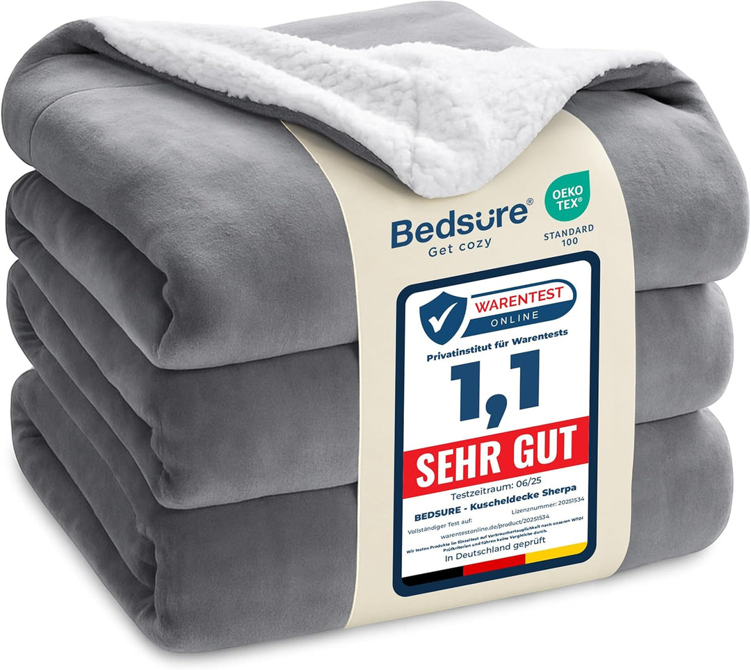 BEDSURE Decke Sofa Kuscheldecke Grau - warm Sherpa Sofaüberwurf Decke gross, Dicke Sofadecke Couchde