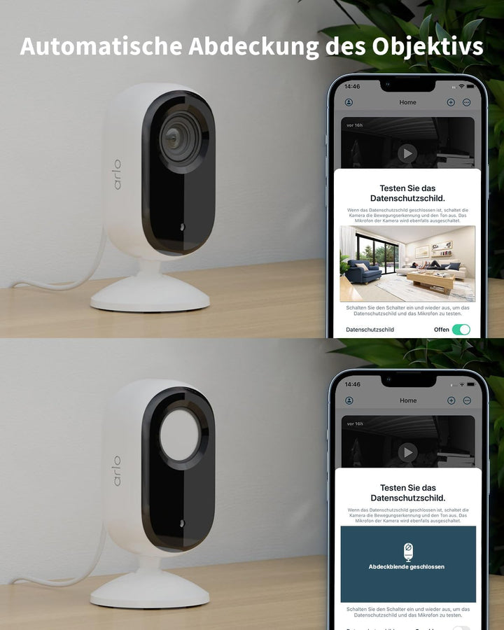 Arlo Indoor Überwachungskamera Innen, 2er Set, HD Video, 2-Wege-Audio, Bewegungsmelder, Kabelgebunde