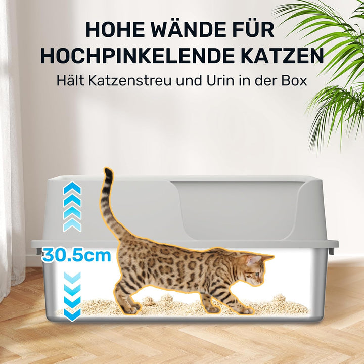 FUKUMARU Katzenklo Edelstahl XXL, Hohe Seitenwände Katzentoilette, 30L Grosse Kapazität Auslaufsiche