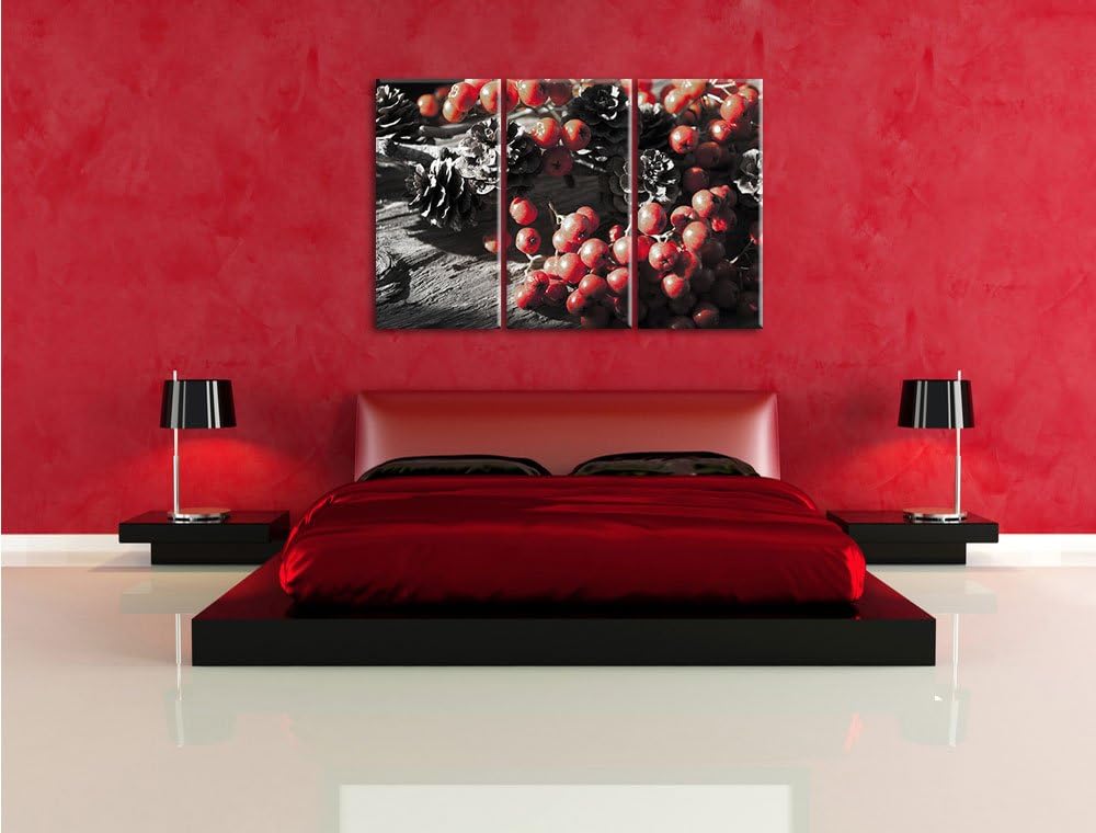 Pixxprint Vogelbeeren und Tannenzapfen als Leinwandbild/Grösse: 3 Teilig (120x80 cm) cm/Wandbild/Kun
