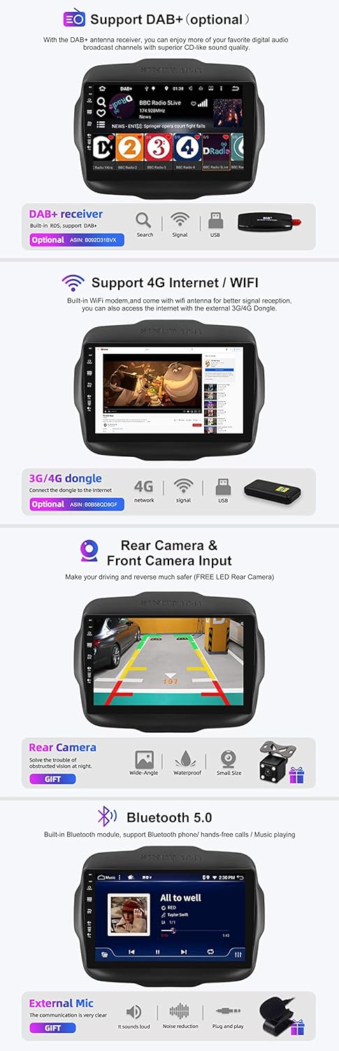 SXAUTO Android 12 IPS Autoradio für Jeep Renegade (2015-2018) - Eingebaut Carplay/Android Auto/DSP -