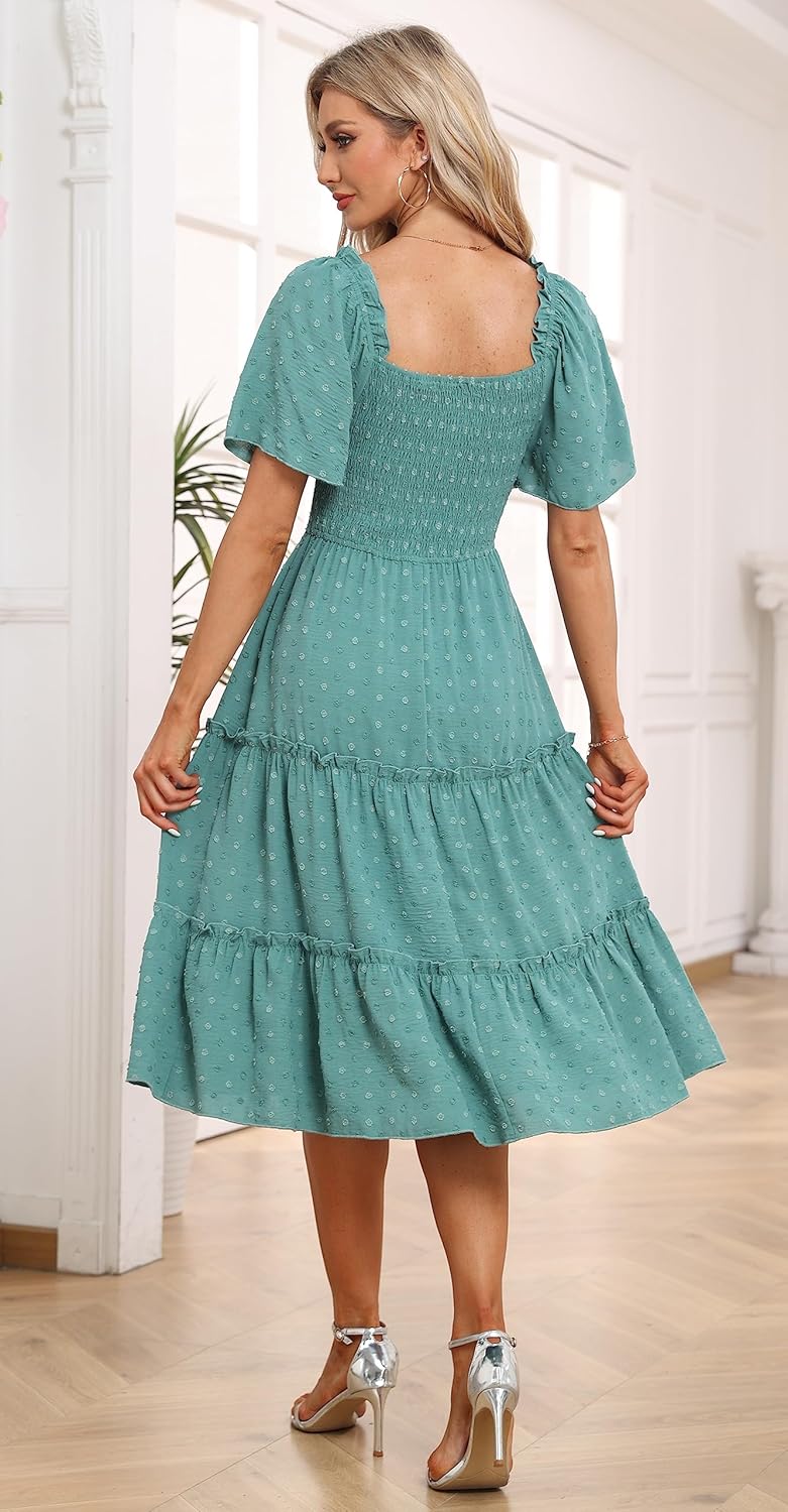 Damen Smocked Midi Kleid Kurzarm U-Ausschnitt Sommerkleid A-Linie Maxikleid Cocktail XL Aquamarin, X