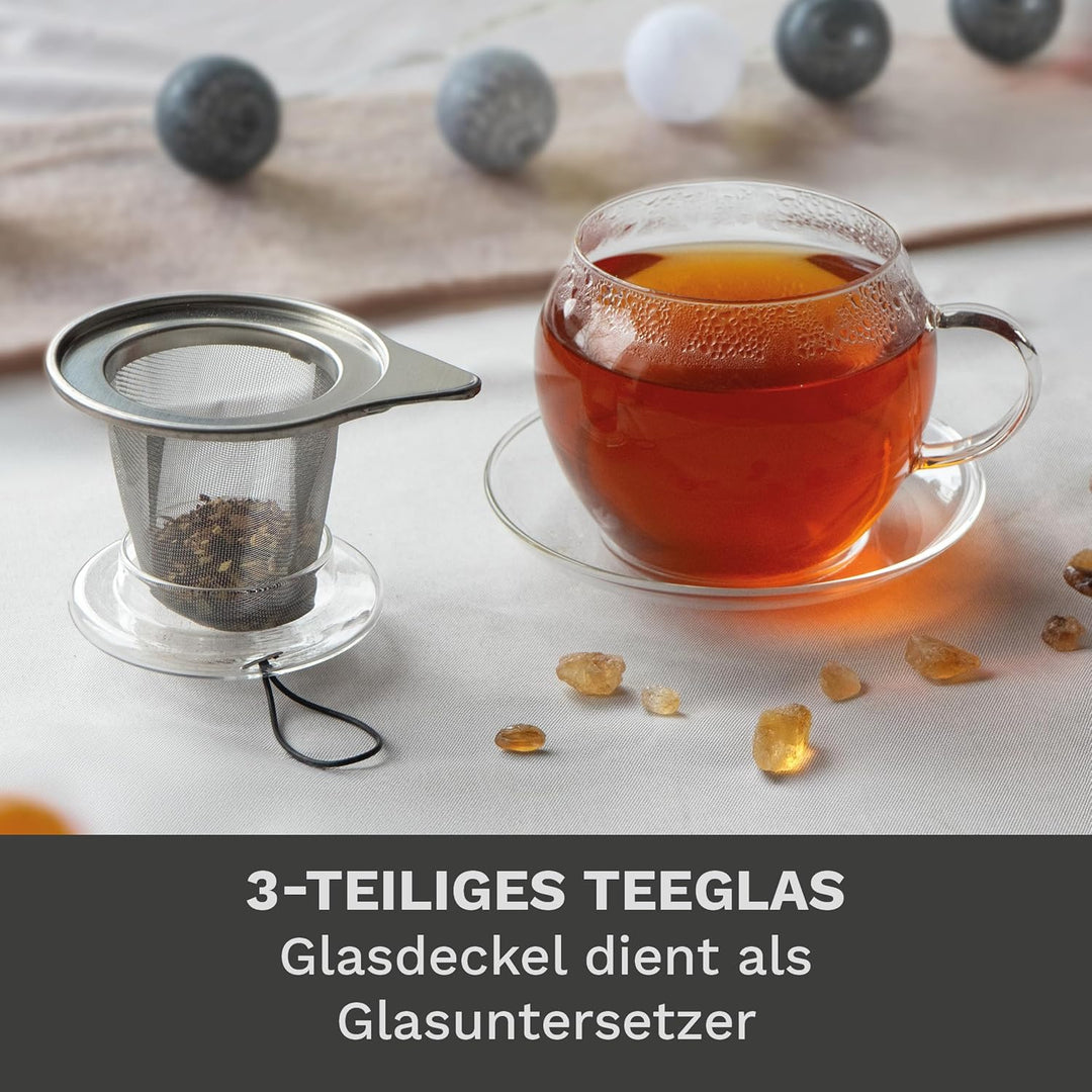 Creano Jumbo Tee-Tasse XXL mit Henkel und integriertem Edelstahlsieb, Glas-Deckel und Untertasse | 4