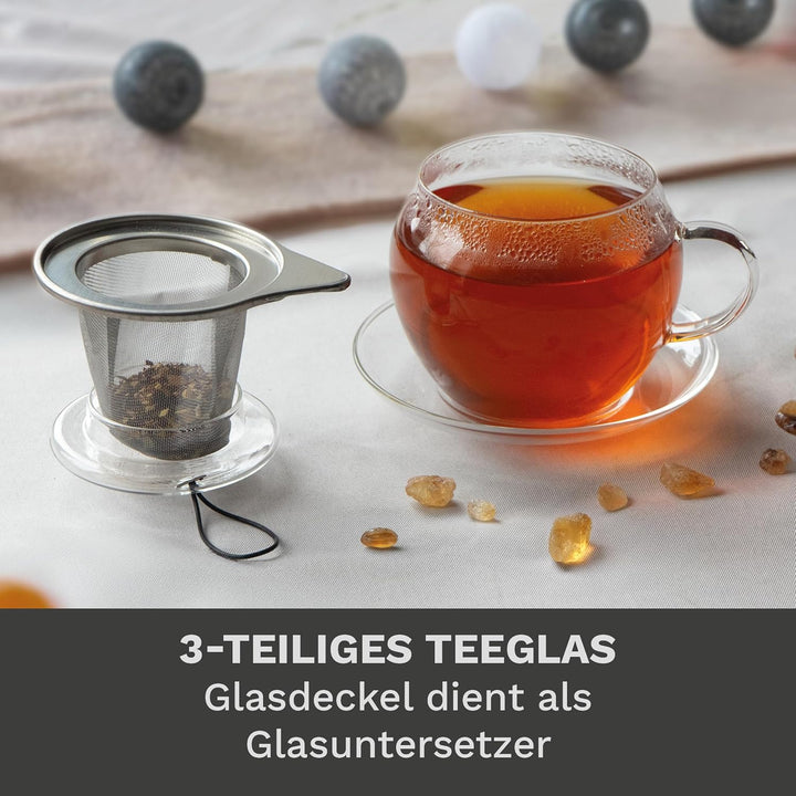 Creano Jumbo Tee-Tasse XXL mit Henkel und integriertem Edelstahlsieb, Glas-Deckel und Untertasse | 4
