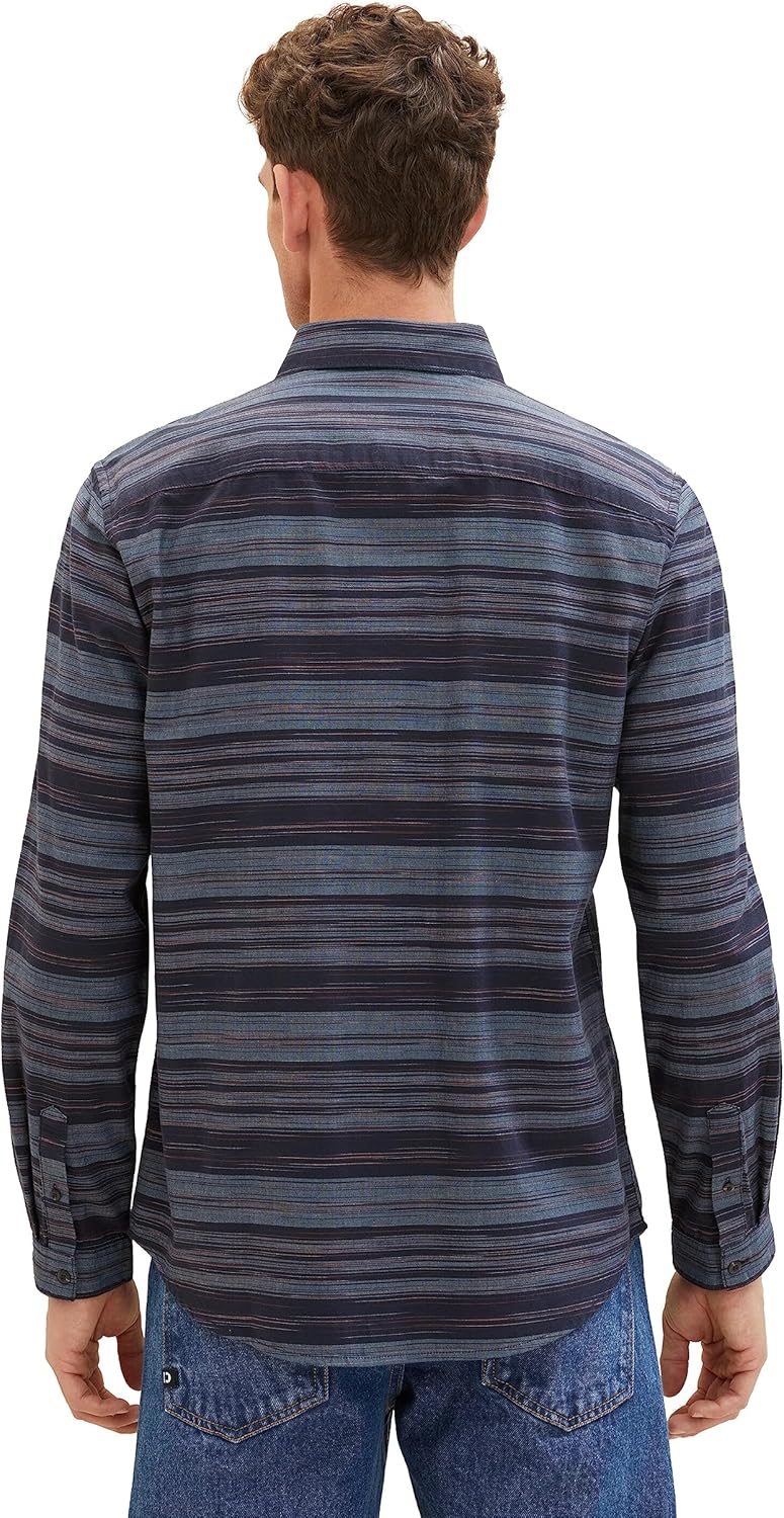 TOM TAILOR Herren Regular Fit Chambray Hemd aus Baumwolle, 32282 - Navy Irregular Cross Stripe