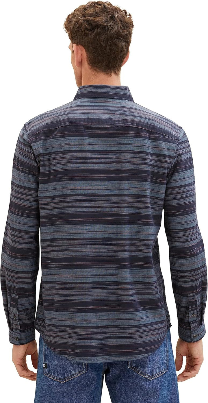TOM TAILOR Herren Regular Fit Chambray Hemd aus Baumwolle, 32282 - Navy Irregular Cross Stripe