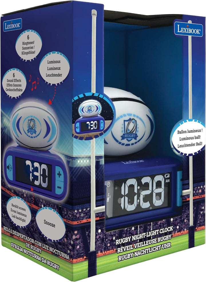 Lexibook RL800RG, Rugby-Rubgy Nachtlichtwecker, Töne und Melodien, LCD-Bildschirm mit Hintergrundbel