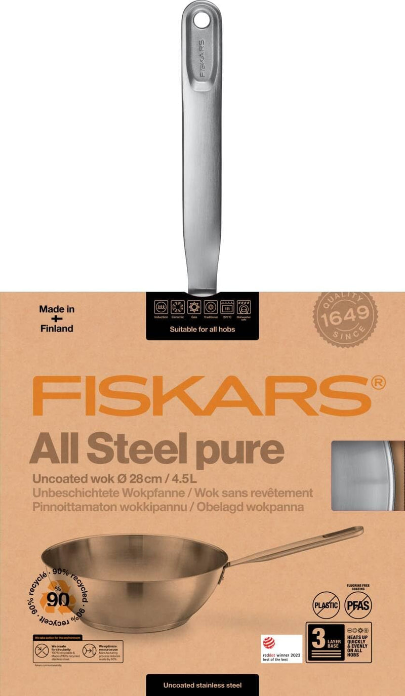 Fiskars All Steel pure Wok 28 cm, Silber, Wok 28 cm
