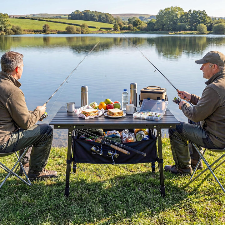 Outsunny Campingtisch höhenverstellbar Klapptisch mit Aufbewahrungskorb Klappbarer Gartentisch aus A