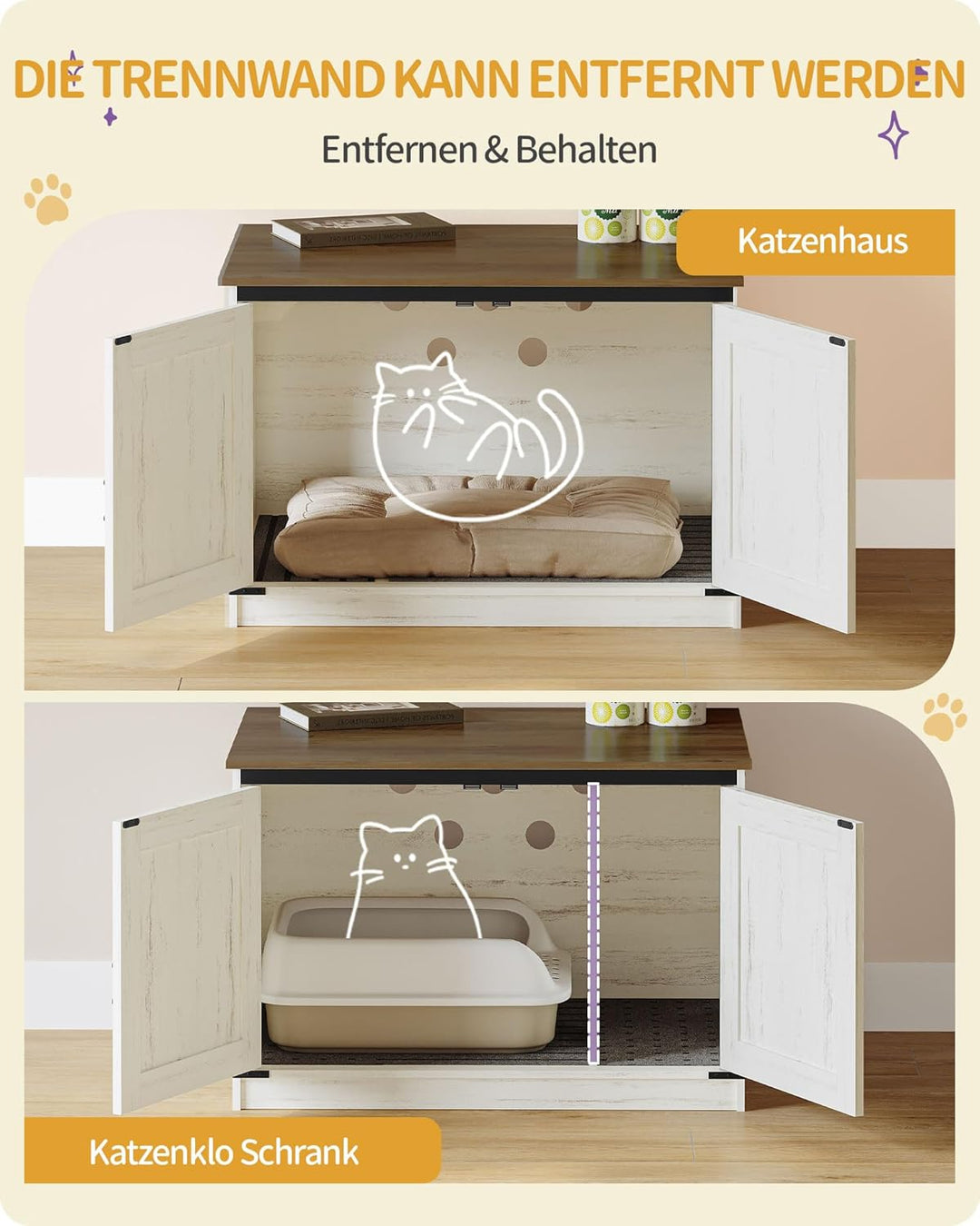 Hzuaneri Katzenklo Schrank, Katzenschrank, Katzentoilette mit Herausnehmbarer Trennwand, Katzenhaus,
