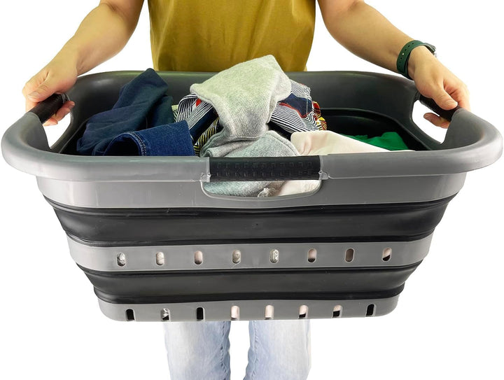 SAMMART 41L Collapsible 3 Handled Plastic Laundry Basket - Foldable Pop Up Storage Basket/Organizer