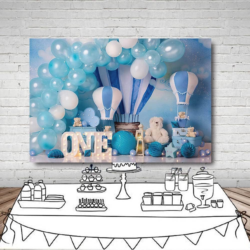 MEHOFOND 2,4 x 1,8 m blauer Junge 1. Geburtstag Fotografie Hintergründe Luftballons Heissluftballon