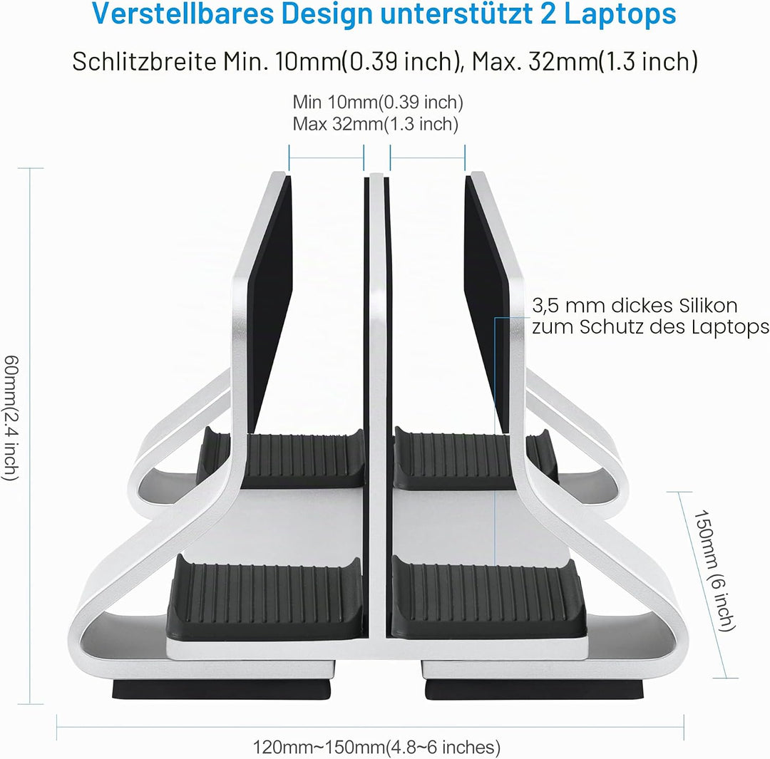 Psitek Einstellbar Aluminium Dual Laptop Ständer Vertikal Dockhalter, Unterstützt 2 Geräte, Verstell