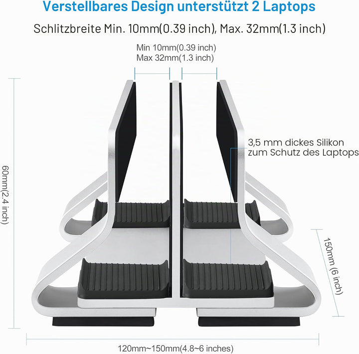 Psitek Einstellbar Aluminium Dual Laptop Ständer Vertikal Dockhalter, Unterstützt 2 Geräte, Verstell