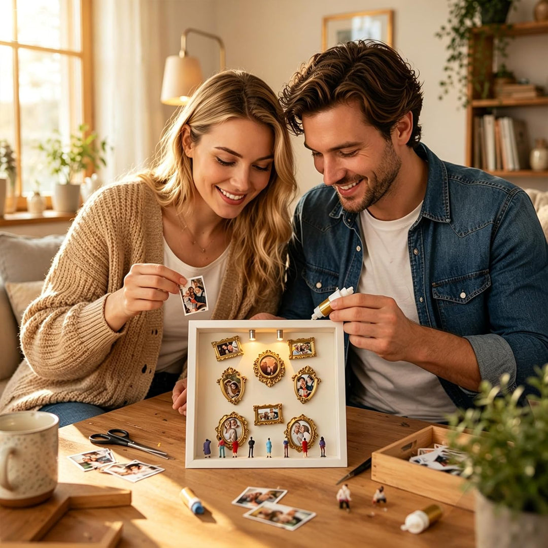 DIY Mini Museum Silhouette Box,Mini Museum Frames mit 8 Mini Goldene Rahmen & 8 Figuren mit Licht,Go