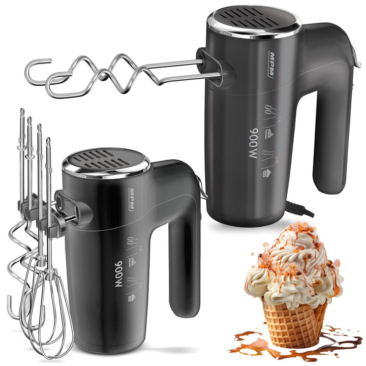 MPM Handmixer mit 2 Rührbesen und 2 Knethaken - 6 Geschwindigkeiten mit Turbotaste - 900 W - Anthraz