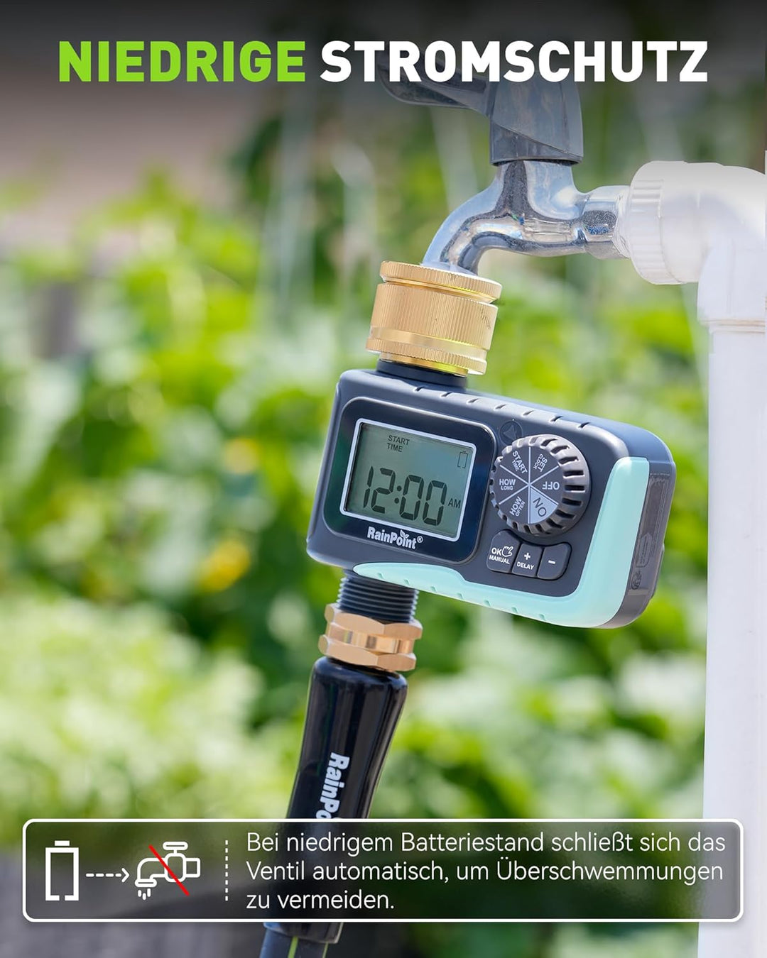 RAINPOINT Bewässerungscomputer mit Messing-Einlass, Aufgerüsteter Wasserzeitschaltuhr mit Regenverzö