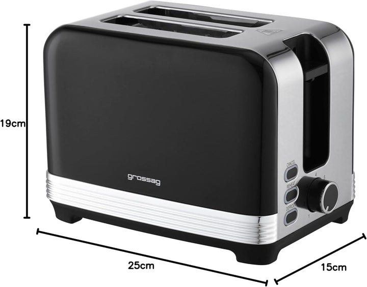 grossag TA 28.07, 2-Scheiben Edelstahl-Toaster, schwarzes Retro Metallic-Design, stufenlose Bräunung