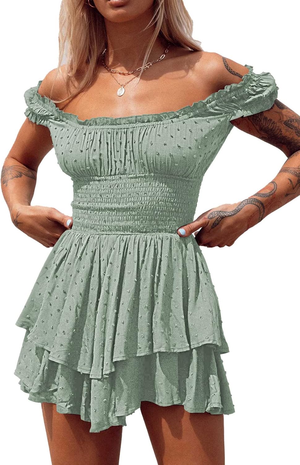Viottiset Damen Rüschen Shorts Strampler Schulterfrei Swiss Dot Sommer Overalls S Grün, S Grün