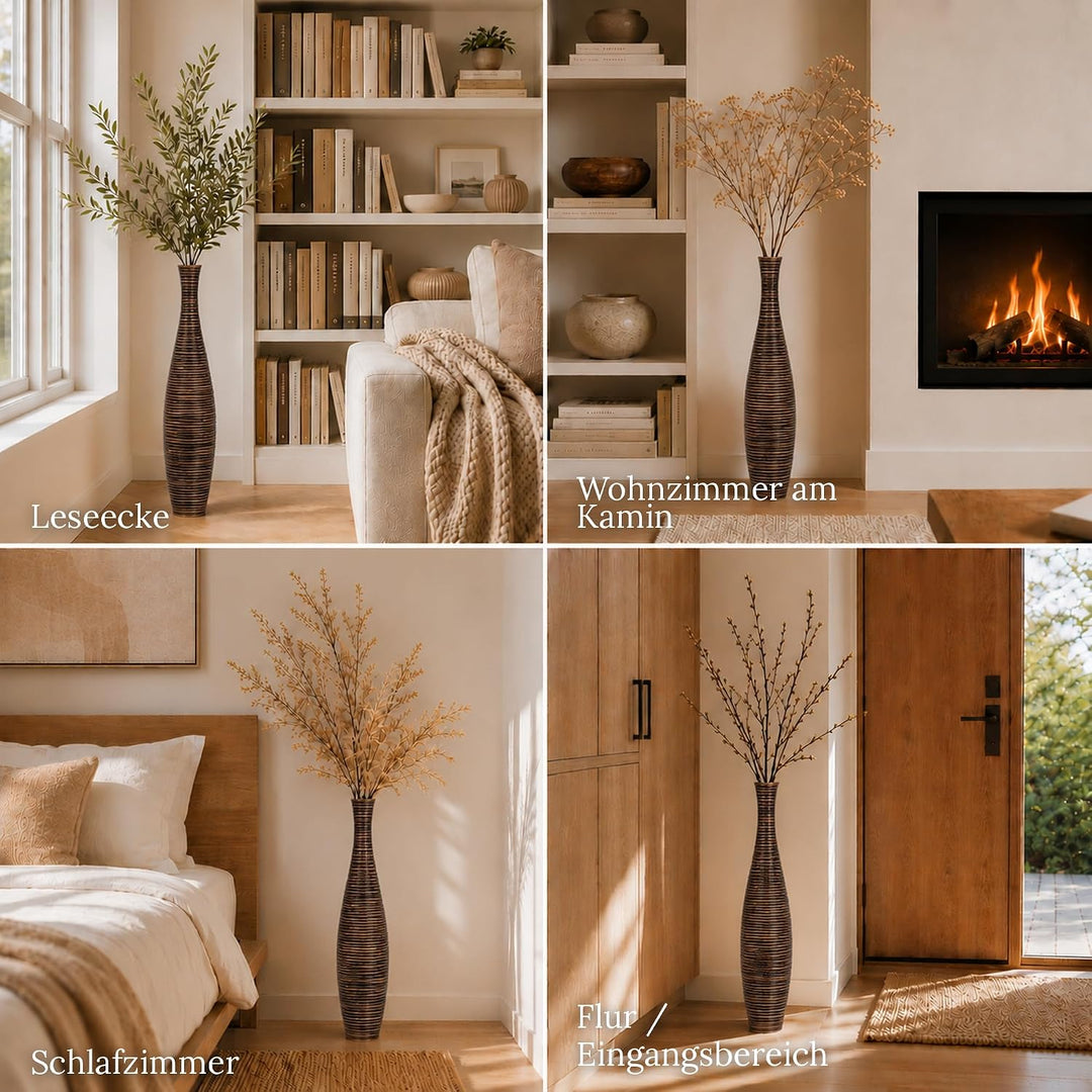 Leewadee Grosse Bodenvase für Dekozweige hohe Standvase Design Holzvase, Holz, 90 cm, Braun 90 cm Br