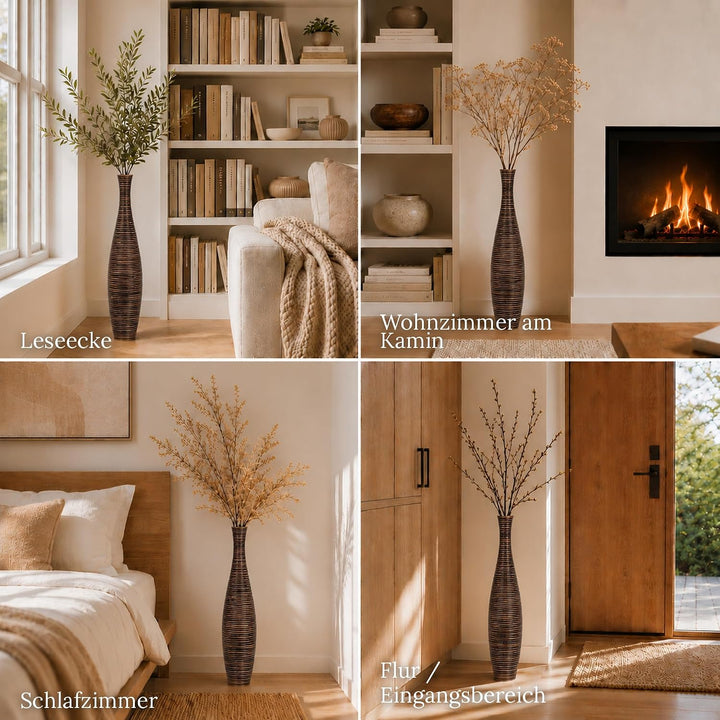 Leewadee Grosse Bodenvase für Dekozweige hohe Standvase Design Holzvase, Holz, 90 cm, Braun 90 cm Br
