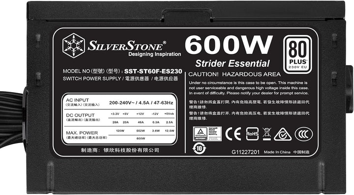 Silverstone SST-ST60F-ES230 - Strider Essential Serie, 600W 80 Plus 230V EU ATX flüsterleises PC-Net