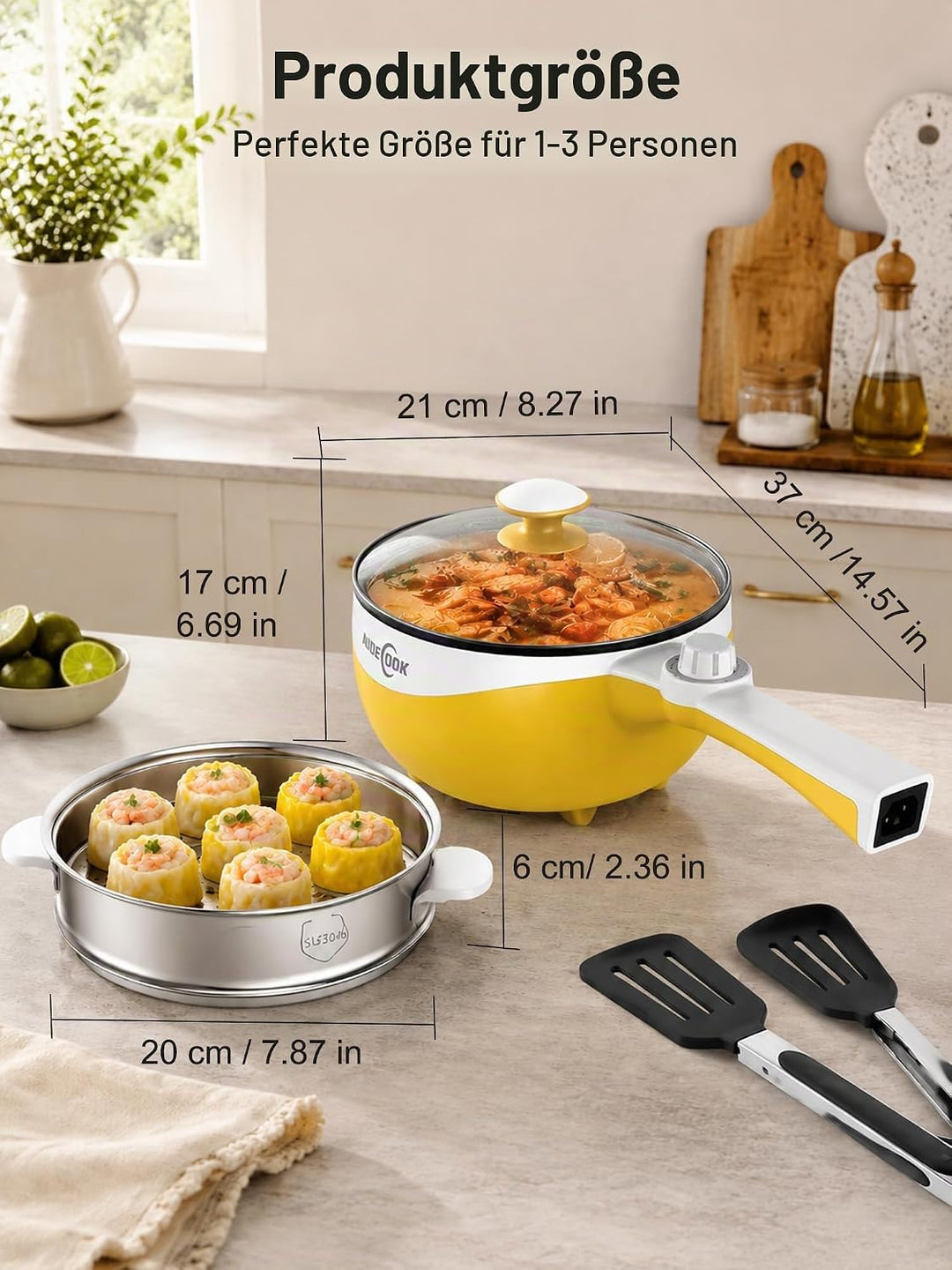 Audecook Elektrischer Topf mit Dampfgarer, 1.7L Mini Elektrische Bratpfanne für Wohnheim Antihaftbes