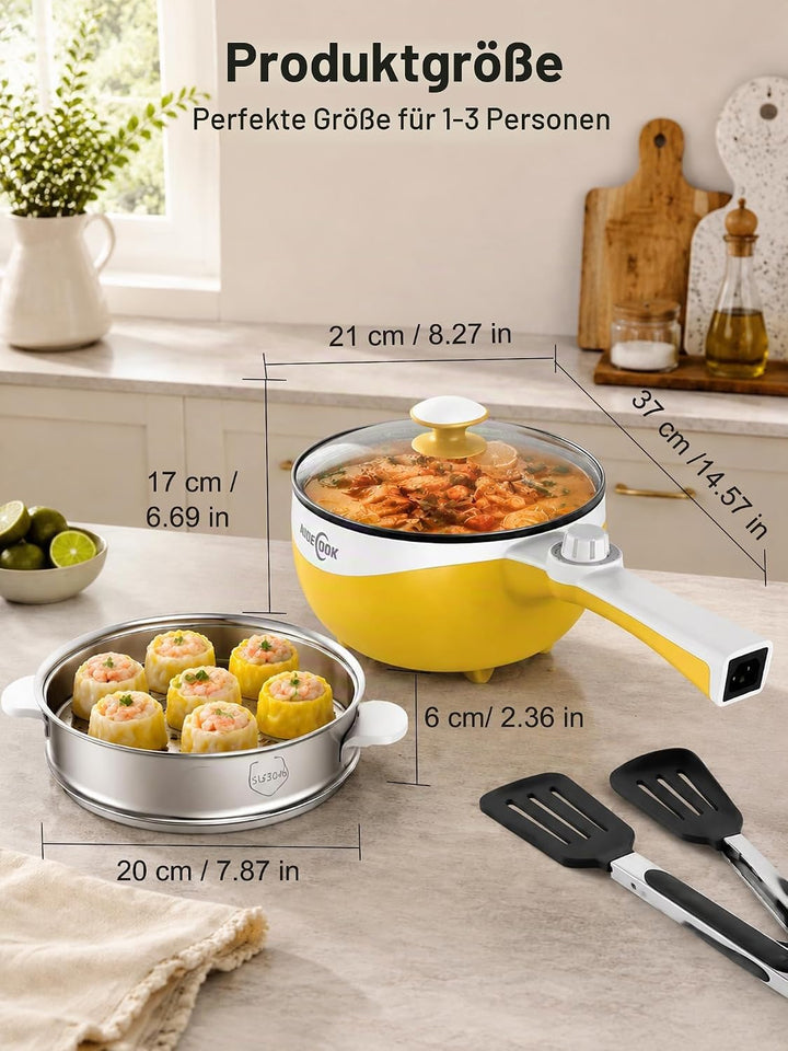 Audecook Elektrischer Topf mit Dampfgarer, 1.7L Mini Elektrische Bratpfanne für Wohnheim Antihaftbes