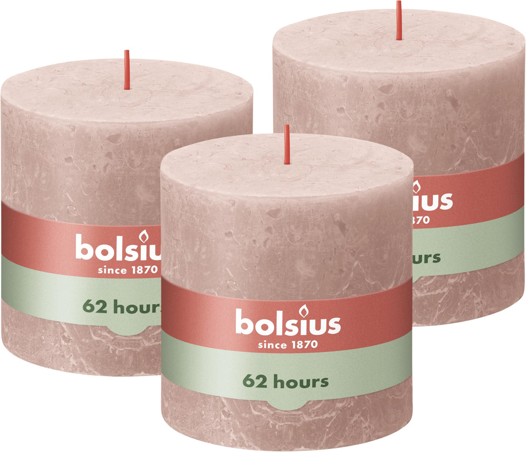 Bolsius Rustik Stumpenkerze XXL - Hellrosa - 3 Stück - 10 x 10 cm - Dekorative Haushaltkerzen - Läng