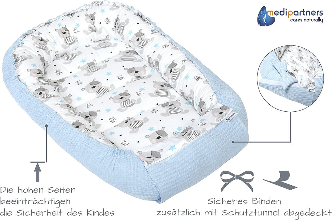 Medi Partners Babynest Kuschelnest Babynestchen 100% Baumwolle Waffle Nestchen Reisebett für Babys S