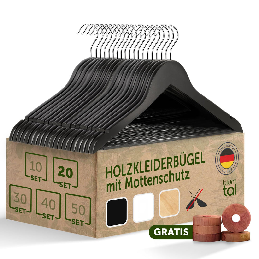 Blumtal 20er Set Kleiderbügel aus Holz - Premium Holzbügel mit Einkerbung im Schulterbereich und rut