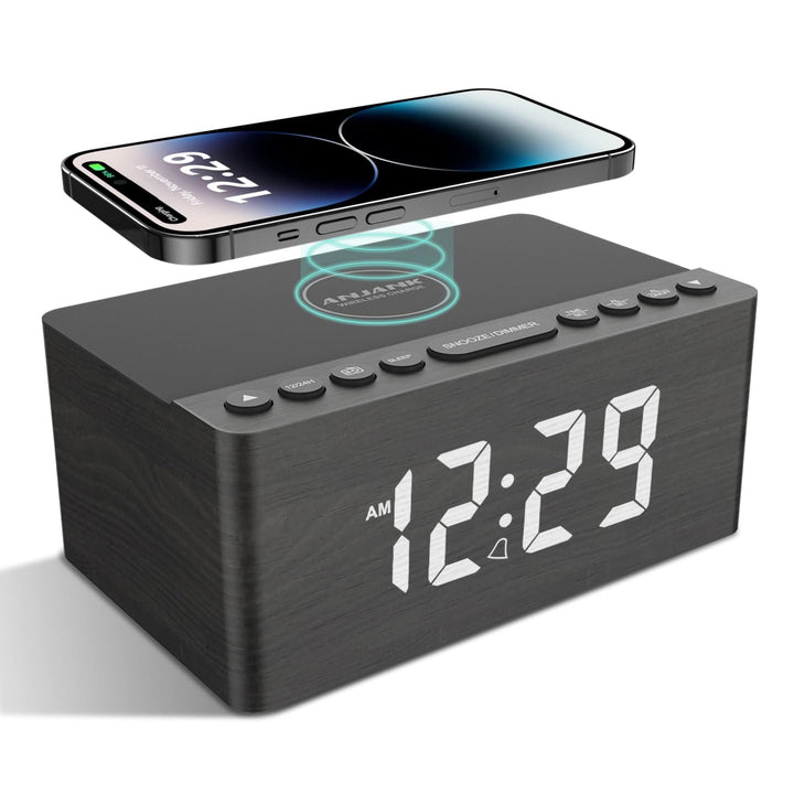 ANJANK Radio wecker Digital mit kabelloses Laden,10W Fast Wireless Charger for iPhone/Android Phone,