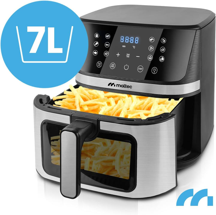 MalTec Heissluftfritteuse fettfrei AirFryer1800W-7L Gross Vorschaufenster 12 Programme Schwarz LED-T