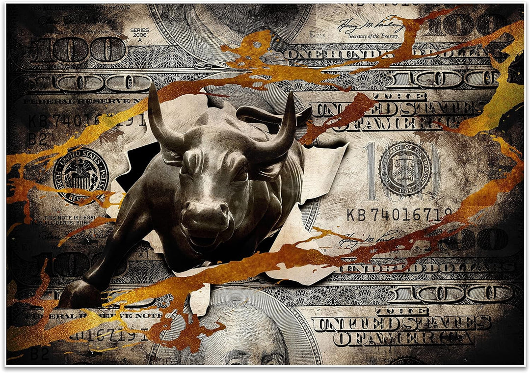 wandmotiv24 Poster als Wanddeko, Grösse 100x70cm, Stier stürmt durch Geldschein, Dollar, Geld, Tier,