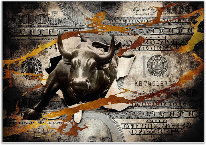wandmotiv24 Poster als Wanddeko, Grösse 100x70cm, Stier stürmt durch Geldschein, Dollar, Geld, Tier,