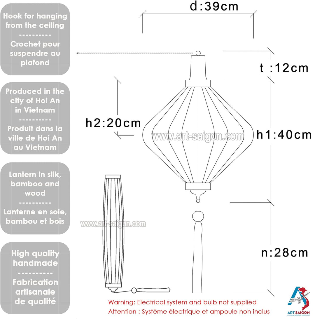 Lampion, asiatische Hoi an Seide, Orange, T – Ø 39 cm – Laterne aus Stoff, Bambus und Holz – Handwer