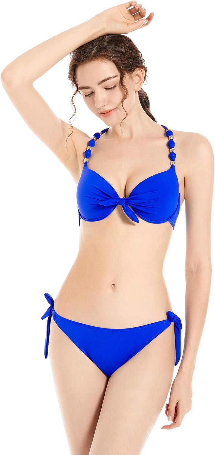 Damen Seitlich Gebunden Bikini Sets Abnehmbar Bademode Push up Bikinioberteil mit Nackenträger XS Bl