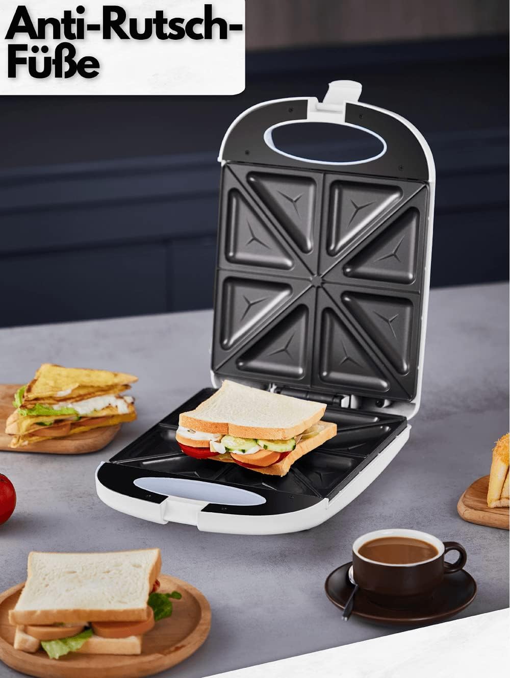 4er Sandwichmaker | 1200 Watt | 8 Sandwichecken | Cool-Touch-Gehäuse | Antihaftbeschichtung | Sandwi