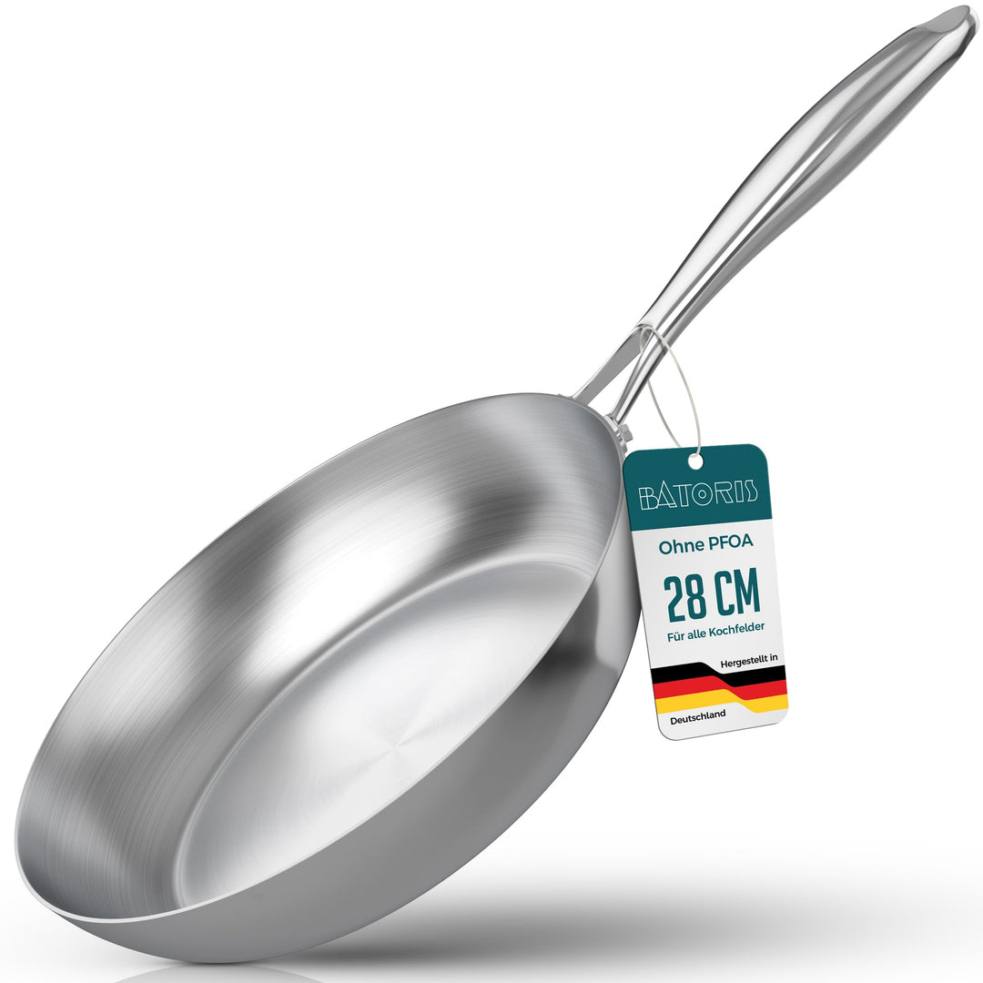 Batoris Edelstahlpfanne Unbeschichtet - Induktion - Profi Bratpfanne 28cm - Perfekt als Steakpfanne